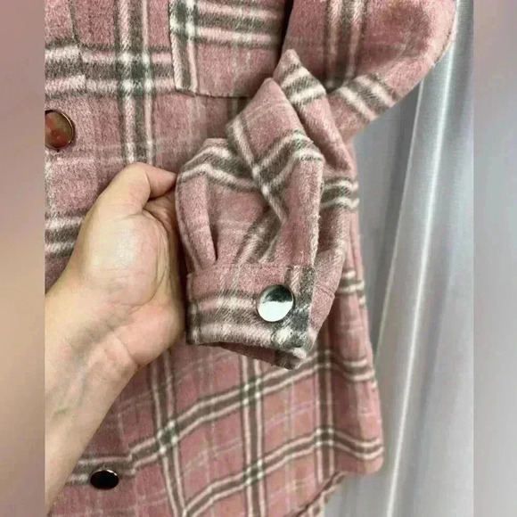 Miss Sparkling Button Down Pink White Plaid Silver Buttons Shirt Shacket Women M - Picture 3 of 13